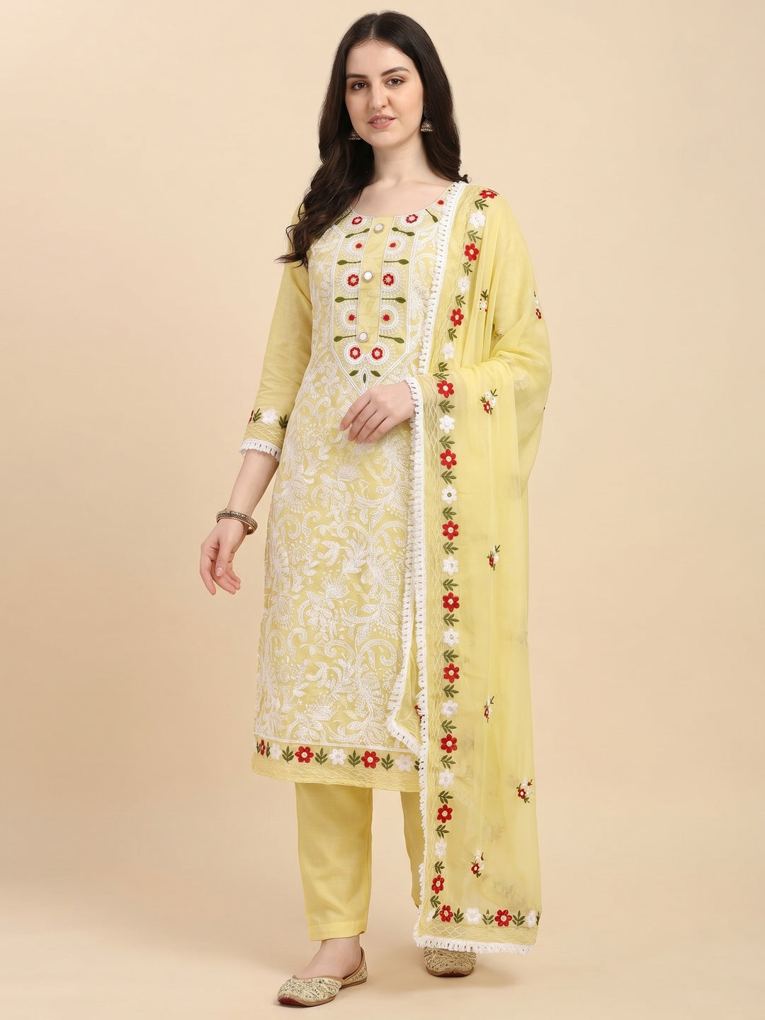 Yellow Floral Embroidered Chanderi Dress Material - Image 1