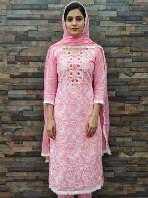 Pink Floral Embroidered Chanderi Dress Material - Image 1