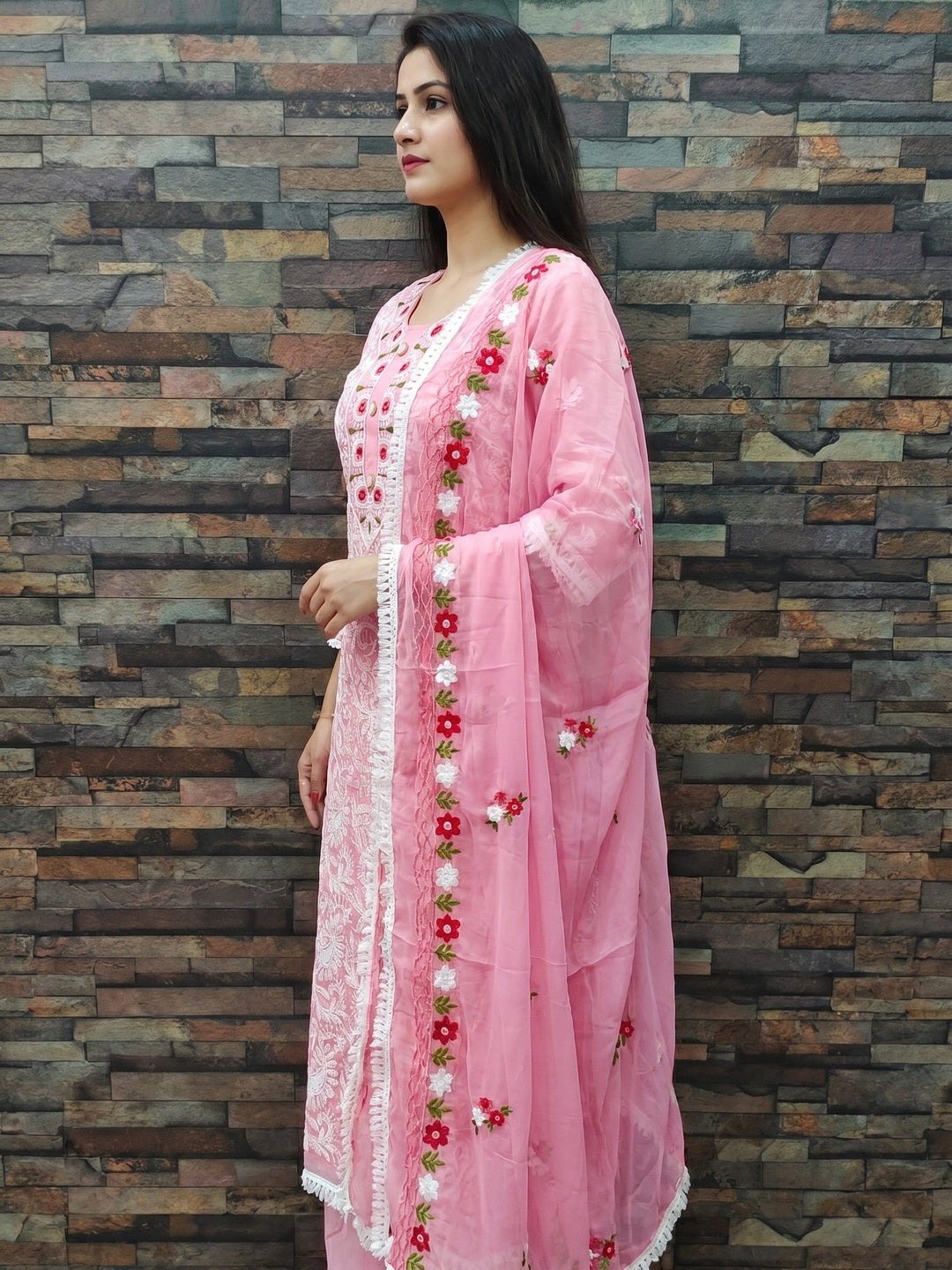 Pink Floral Embroidered Chanderi Dress Material - Image 2