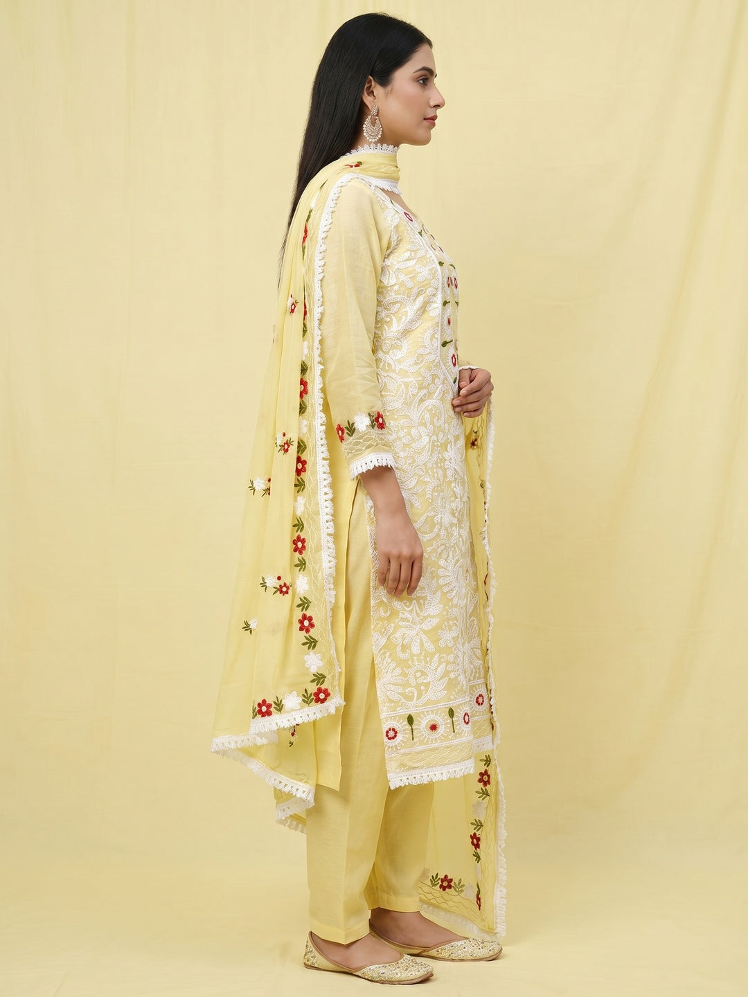 Yellow Floral Embroidered Chanderi Dress Material - Image 3