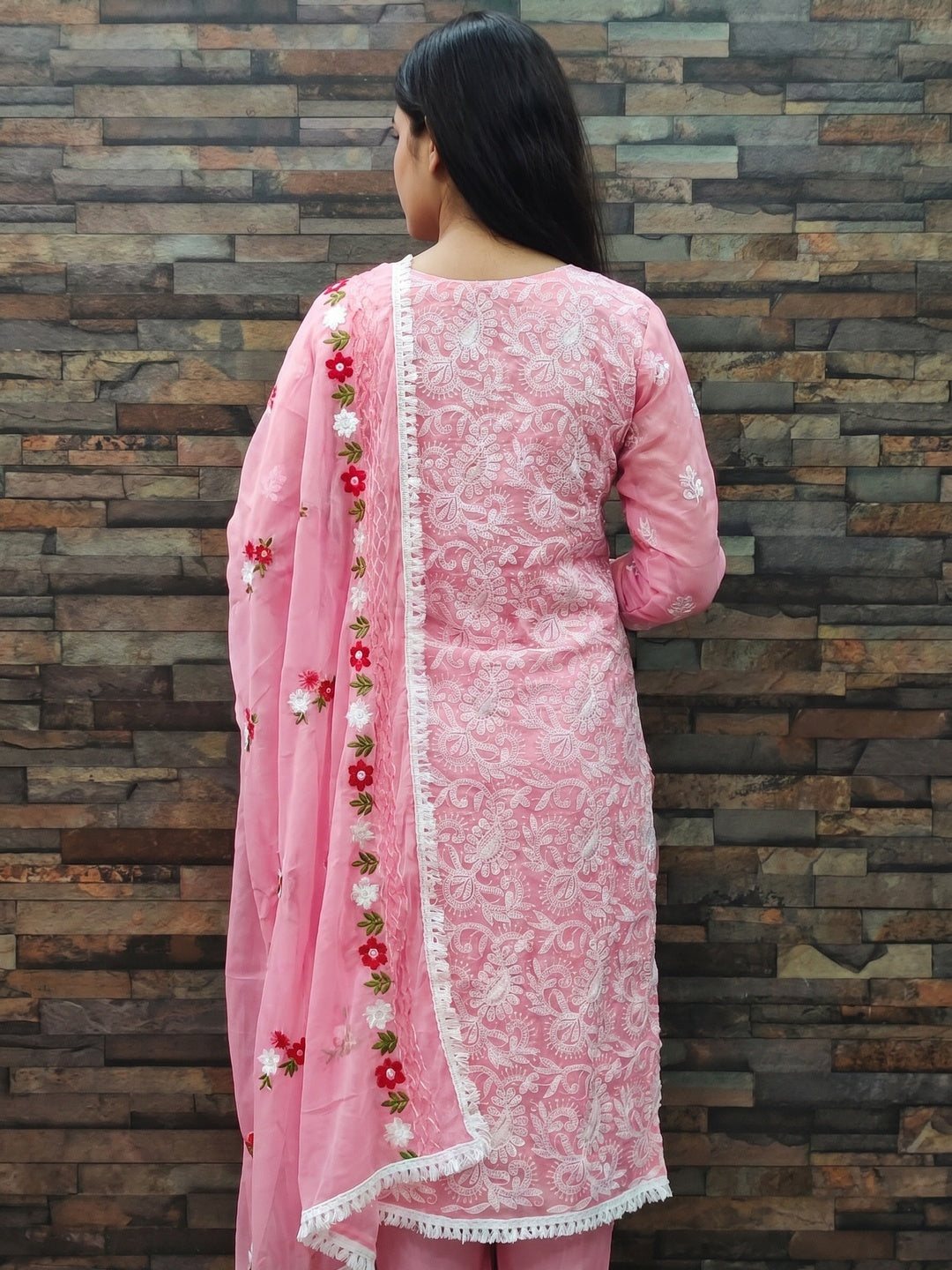 Pink Floral Embroidered Chanderi Dress Material - Image 3