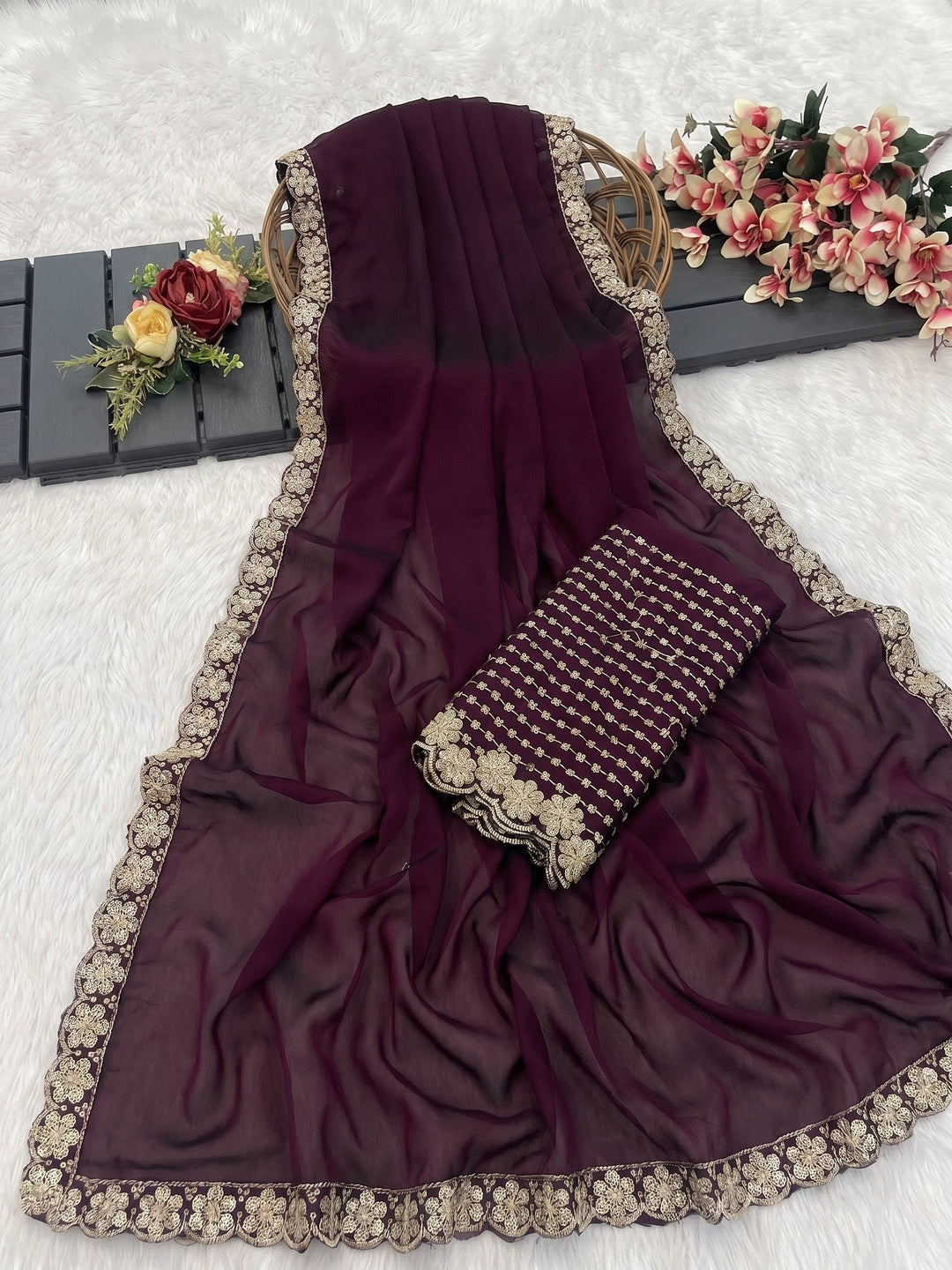 Wine Solid Rangoli Art Silk Saree With Sequins Embroidered Border - Image 1