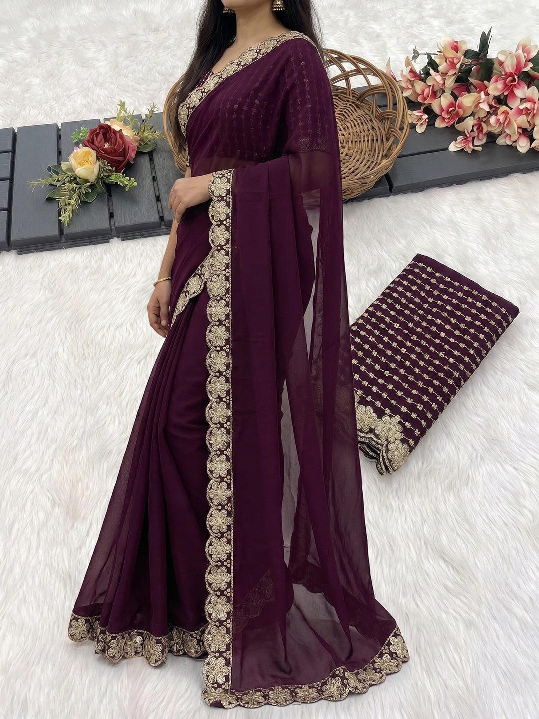 Wine Solid Rangoli Art Silk Saree With Sequins Embroidered Border - Image 2