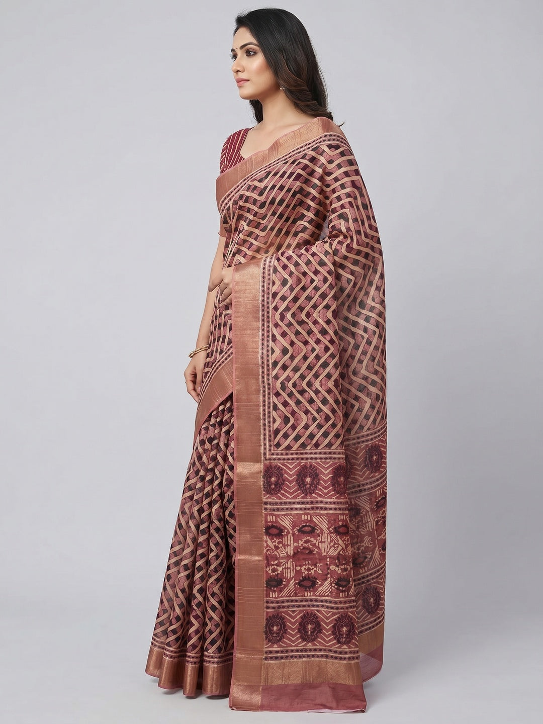 Dark Peach Digital Printed Tussar Silk Saree - Image 2