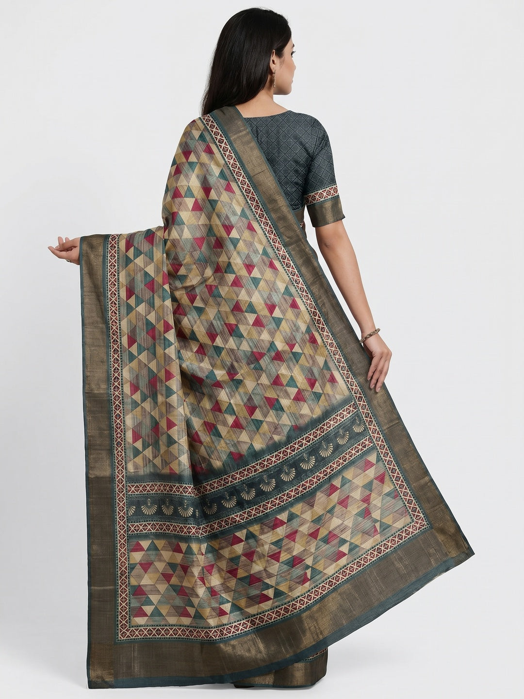 Multicolor Geometric Digital Printed Tussar Silk Saree - Image 3