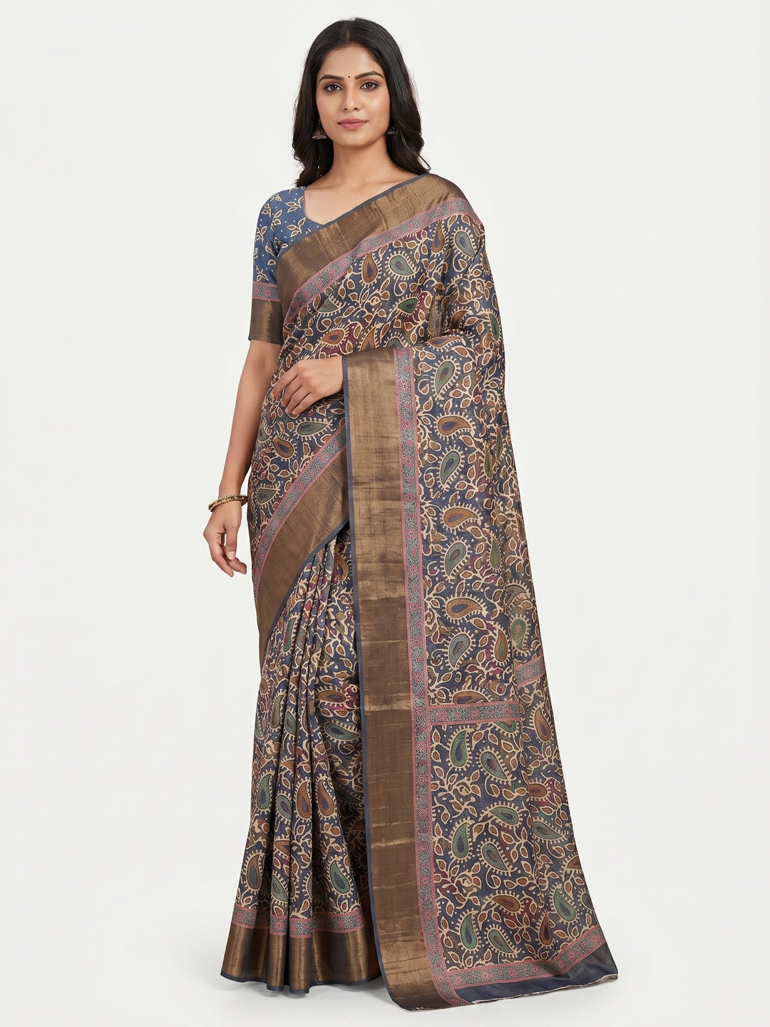 Dark Grey Digital Printed Tussar Silk Saree - Image 1