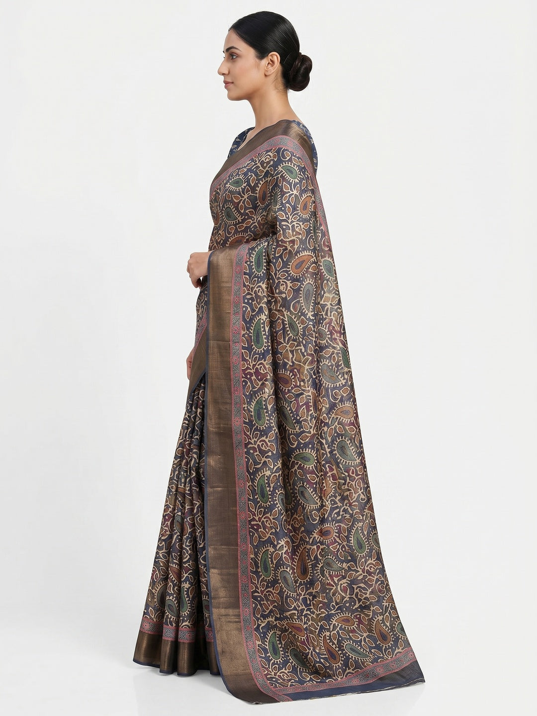 Dark Grey Digital Printed Tussar Silk Saree - Image 2