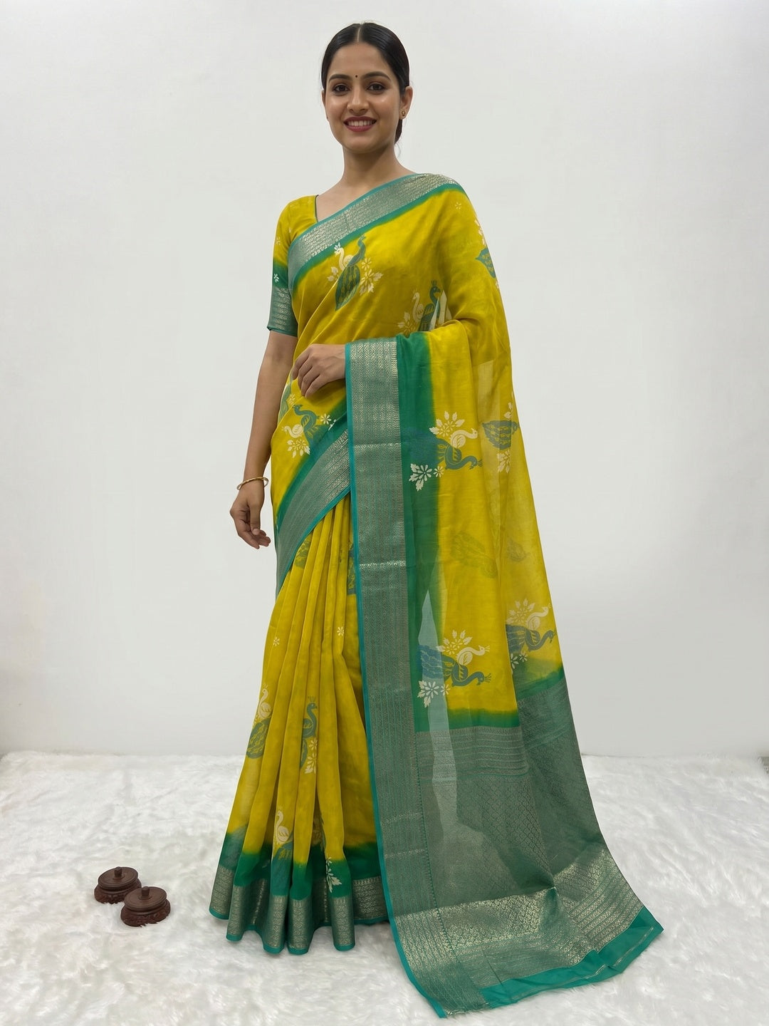 Olive Floral Printed Chiffon Saree - Image 1