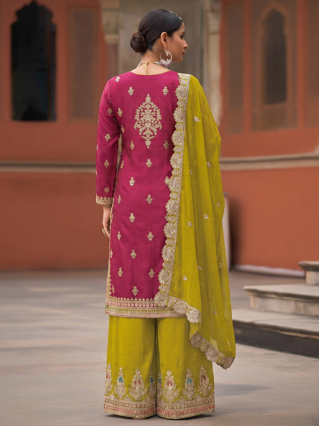 Pink Floral Sequins Embroidered Chinon Silk Palazzo Suit - Image 2