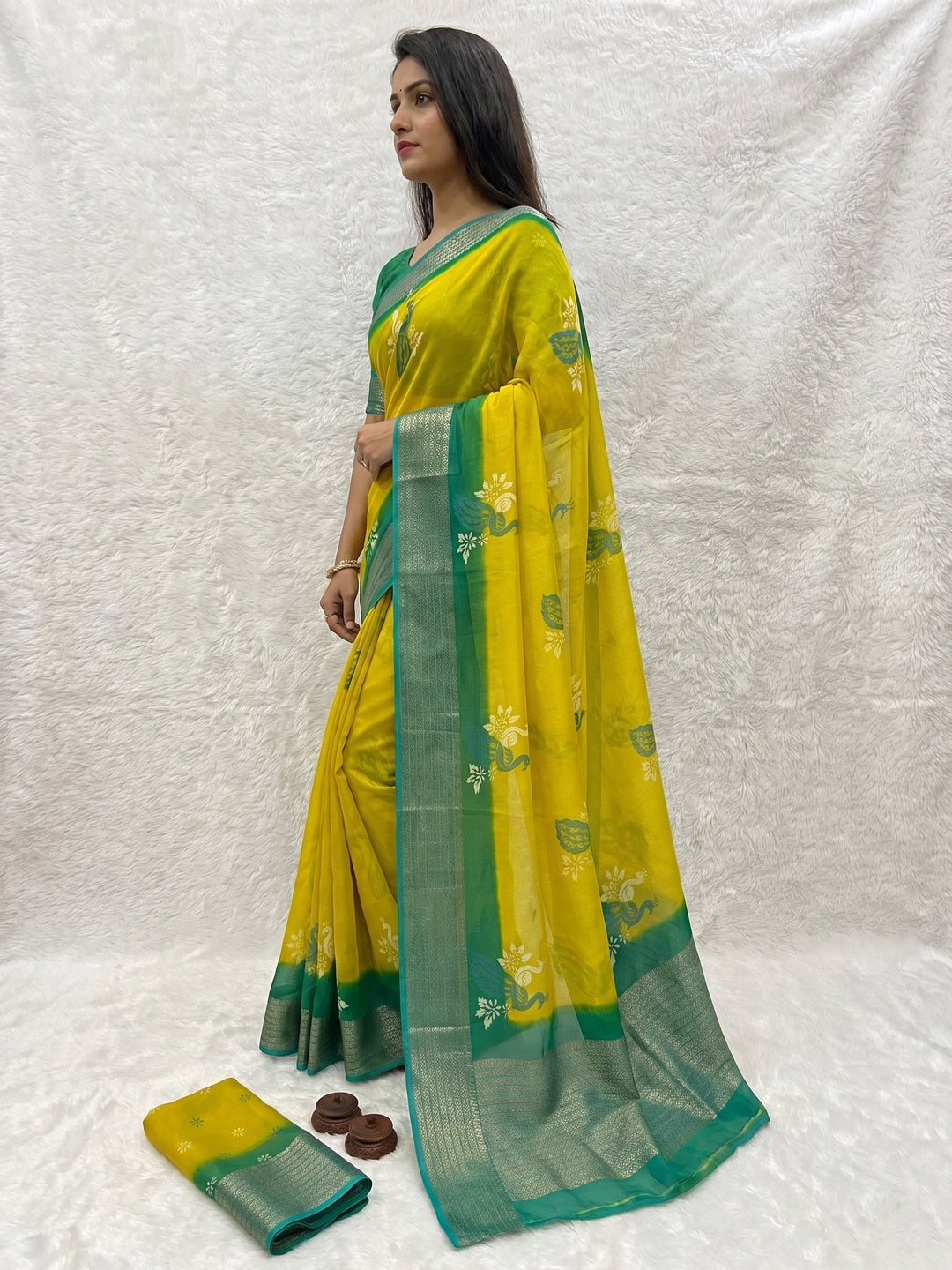 Olive Floral Printed Chiffon Saree - Image 3