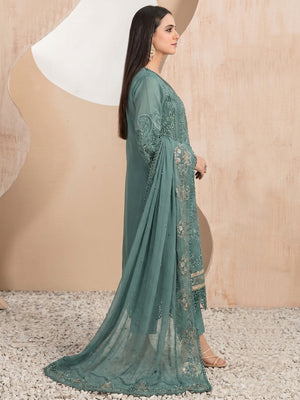 Green Floral Sequins Embroidery With Motiwork Organza Semi Stitched Pakistani Suit - Image 1