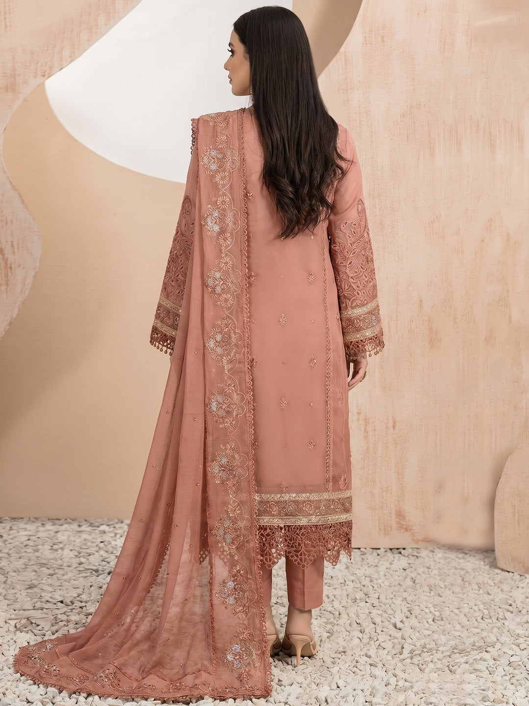 Peach Floral Sequins Embroidery With Motiwork Organza Semi Stitched Pakistani Suit - Image 2