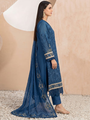 Blue Floral Sequins Embroidery With Motiwork Organza Semi Stitched Pakistani Suit - Image 1