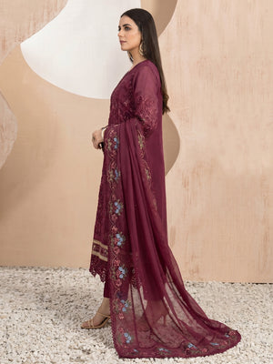 Wine Floral Sequins Embroidery With Motiwork Organza Semi Stitched Pakistani Suit - Image 1