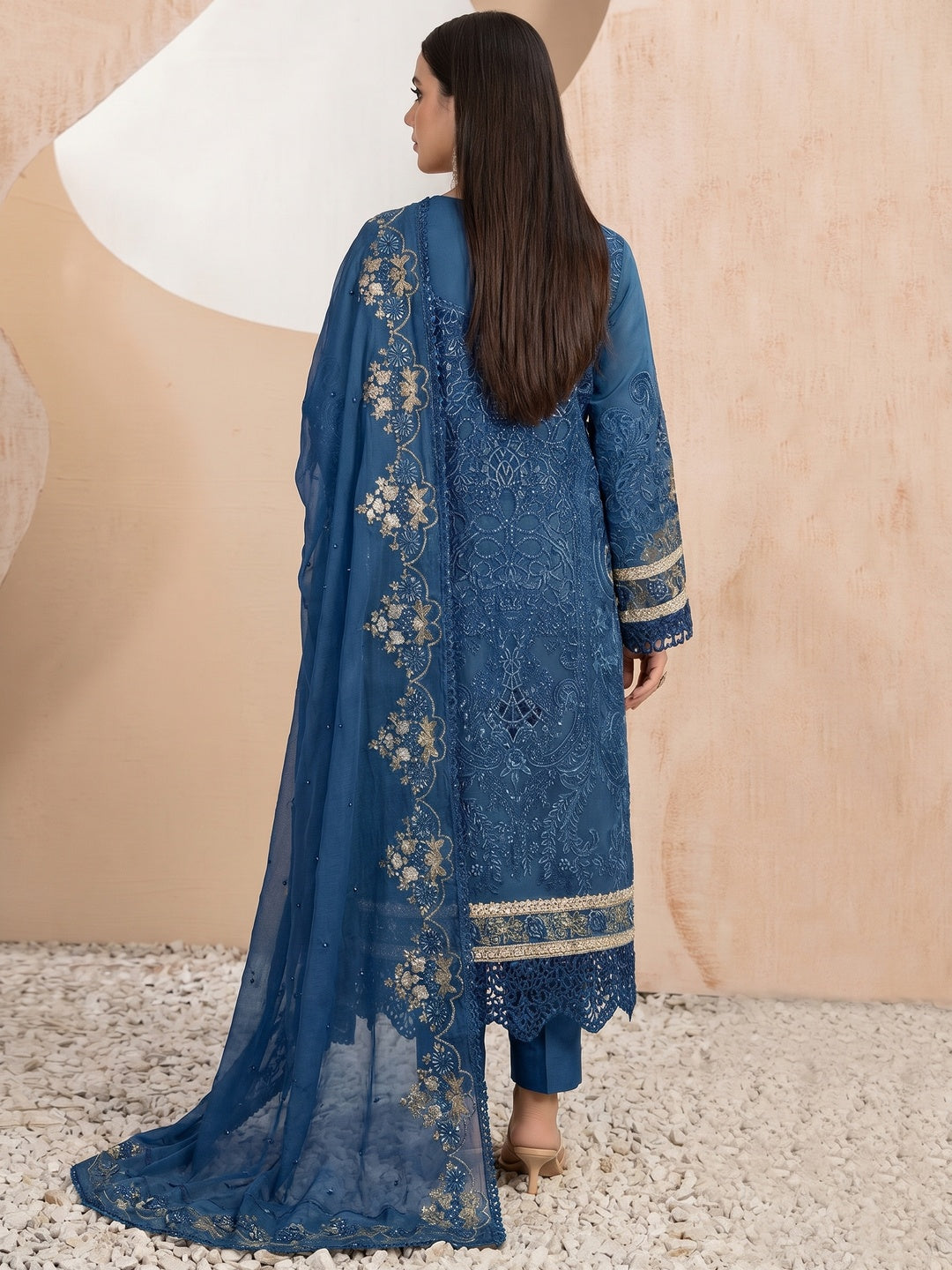 Blue Floral Sequins Embroidery With Motiwork Organza Semi Stitched Pakistani Suit - Image 2