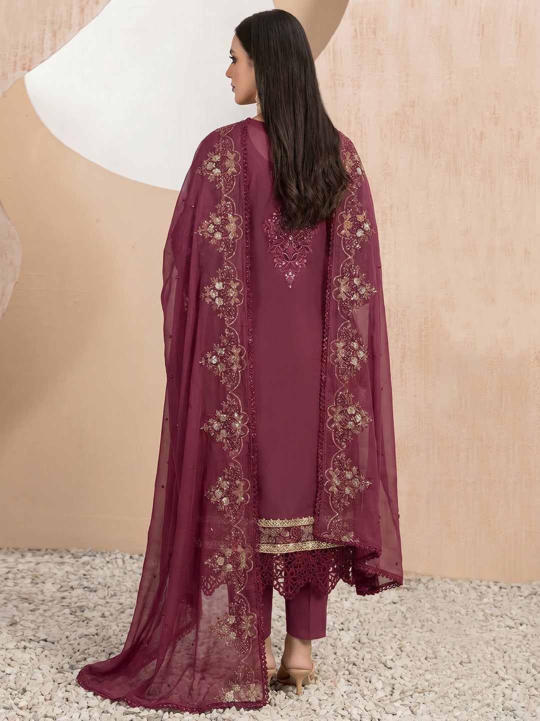 Wine Floral Sequins Embroidery With Motiwork Organza Semi Stitched Pakistani Suit - Image 2