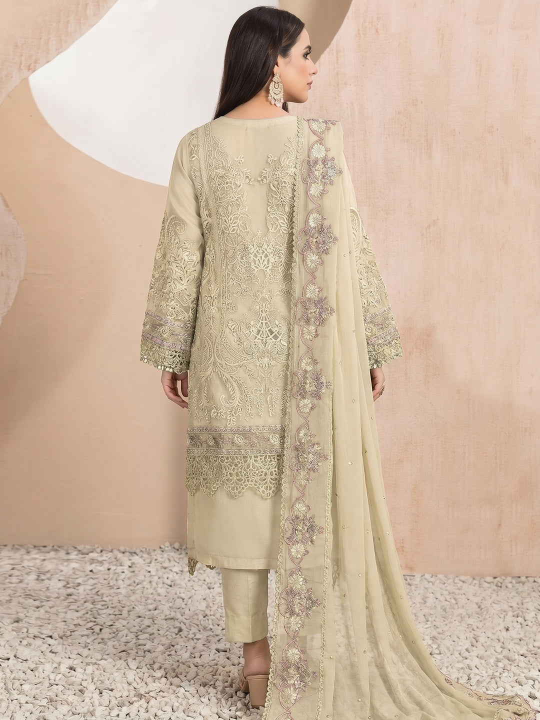 Cream Floral Sequins Embroidery With Motiwork Organza Semi Stitched Pakistani Suit - Image 1