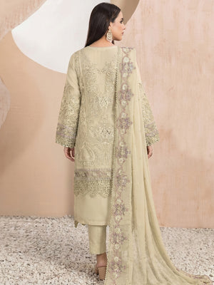 Cream Floral Sequins Embroidery With Motiwork Organza Semi Stitched Pakistani Suit - Image 1