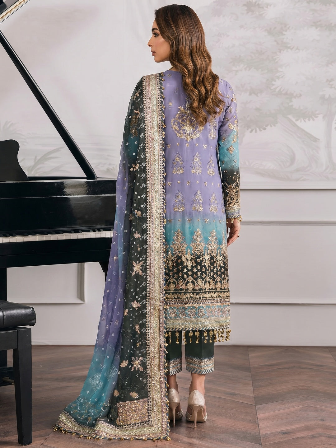 Lavender Digital Print With Sequins Embroidery Georgette Semi Stitched Pakistani Suit - Image 1