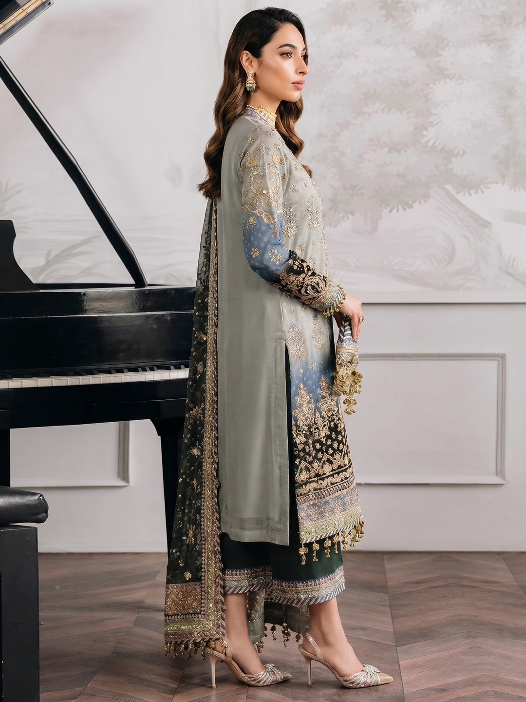 Grey Digital Print With Sequins Embroidery Georgette Semi Stitched Pakistani Suit - Image 1