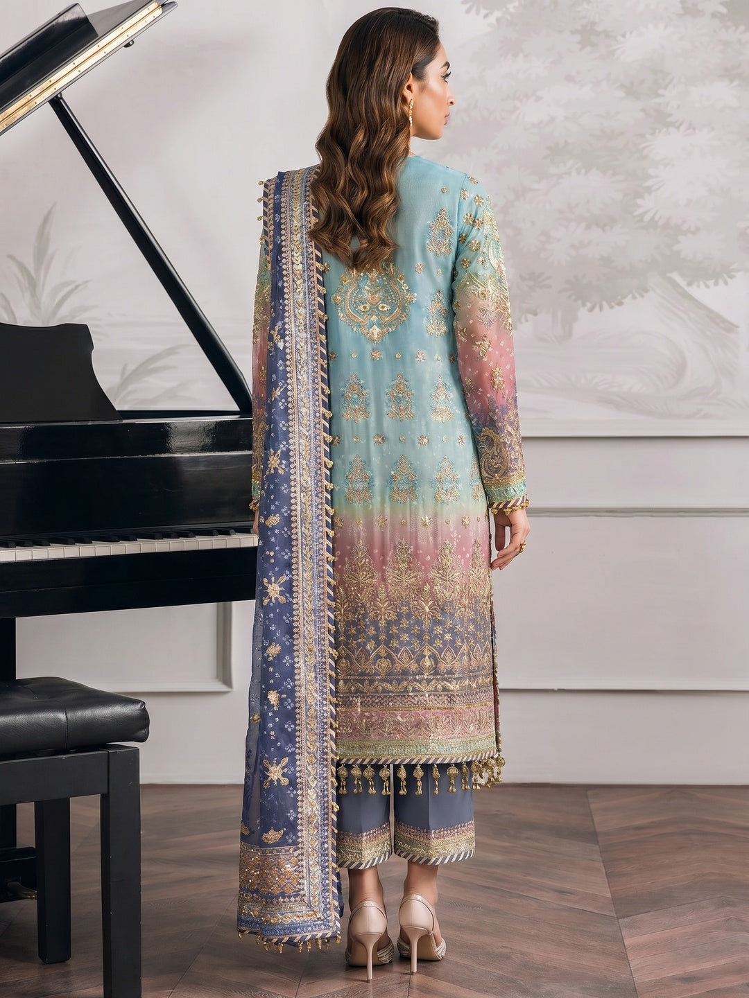 Sky Blue Digital Print With Sequins Embroidery Georgette Semi Stitched Pakistani Suit - Image 1