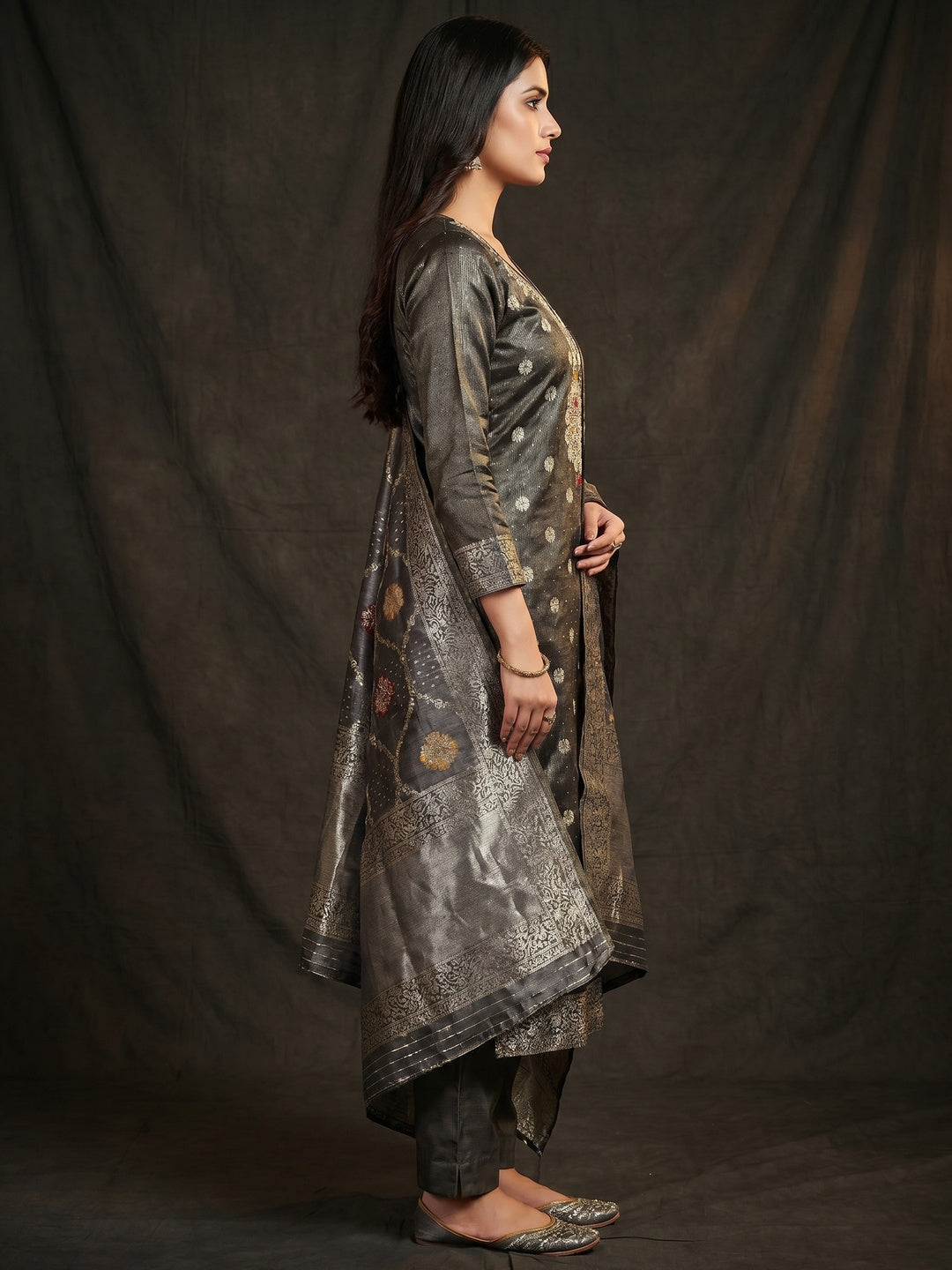 Dark Grey Woven With Stonework Shimmer Jacquard Dress Material - Image 2