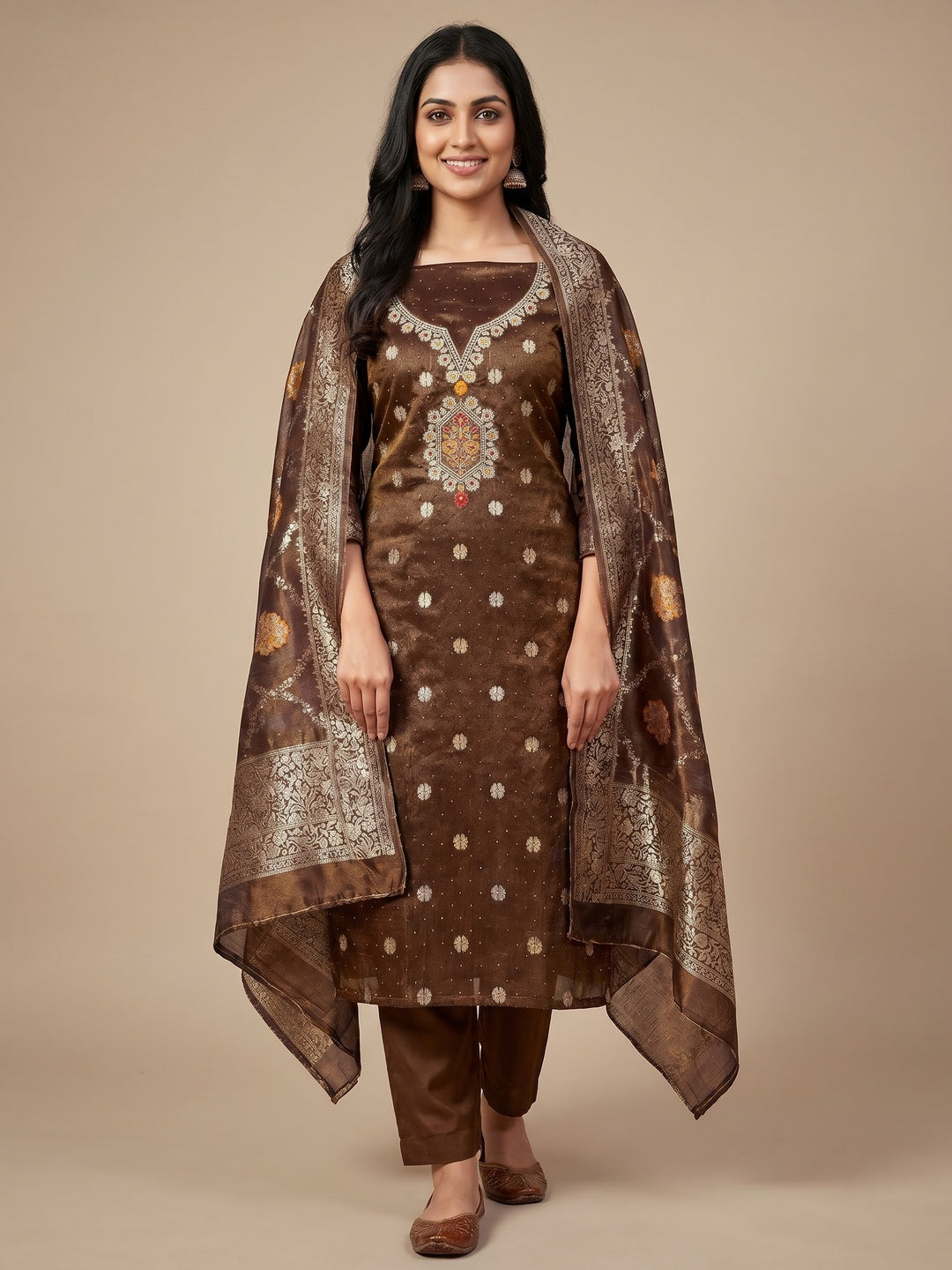 Brown Woven With Stonework Shimmer Jacquard Dress Material - Image 1