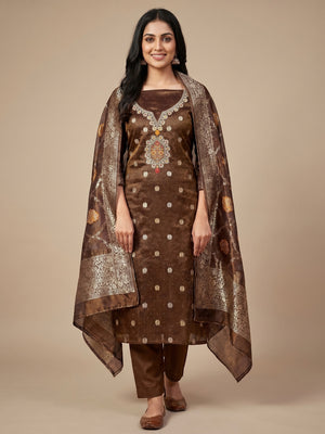 Brown Woven With Stonework Shimmer Jacquard Dress Material - Image 1