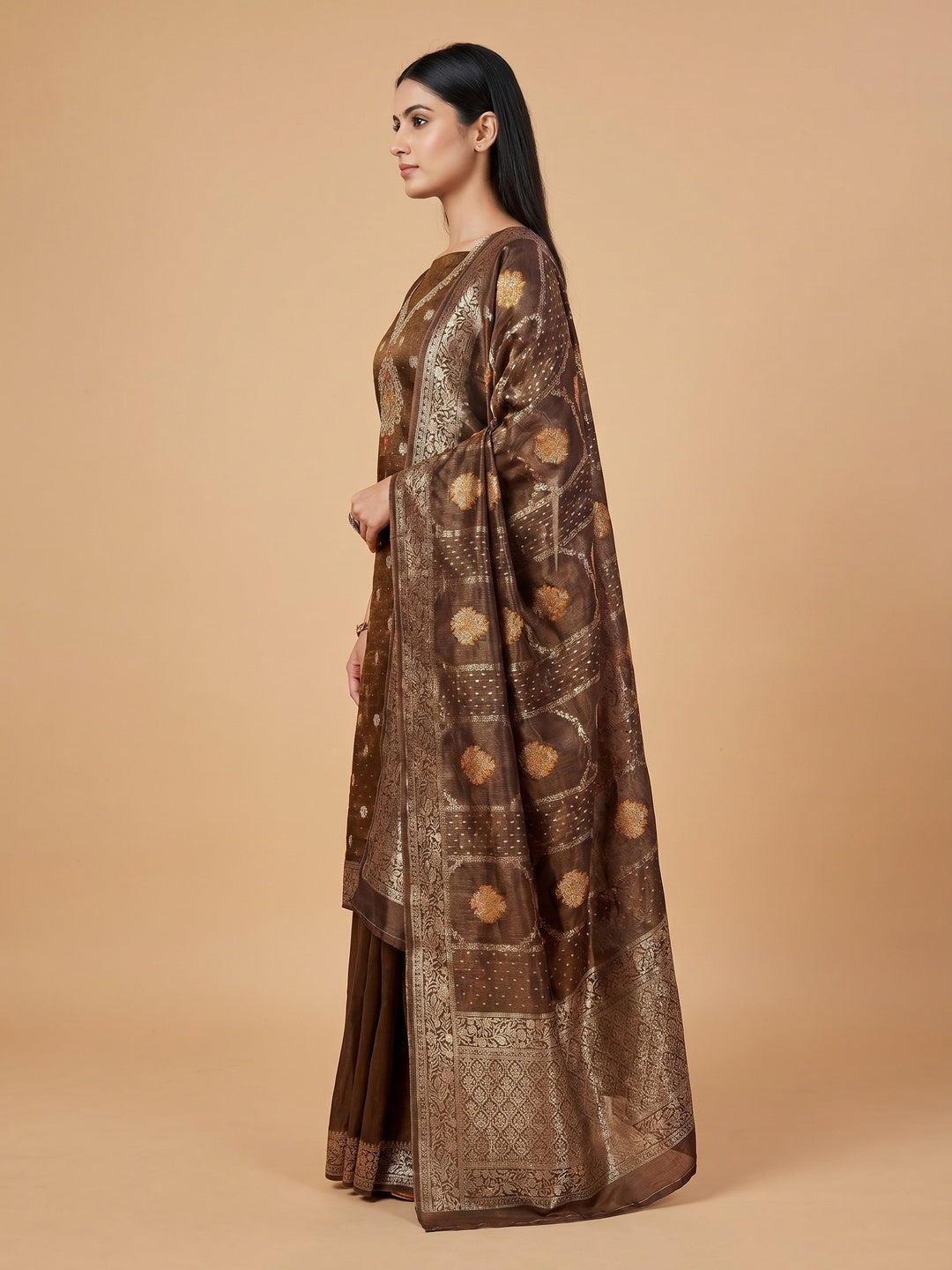 Brown Woven With Stonework Shimmer Jacquard Dress Material - Image 3