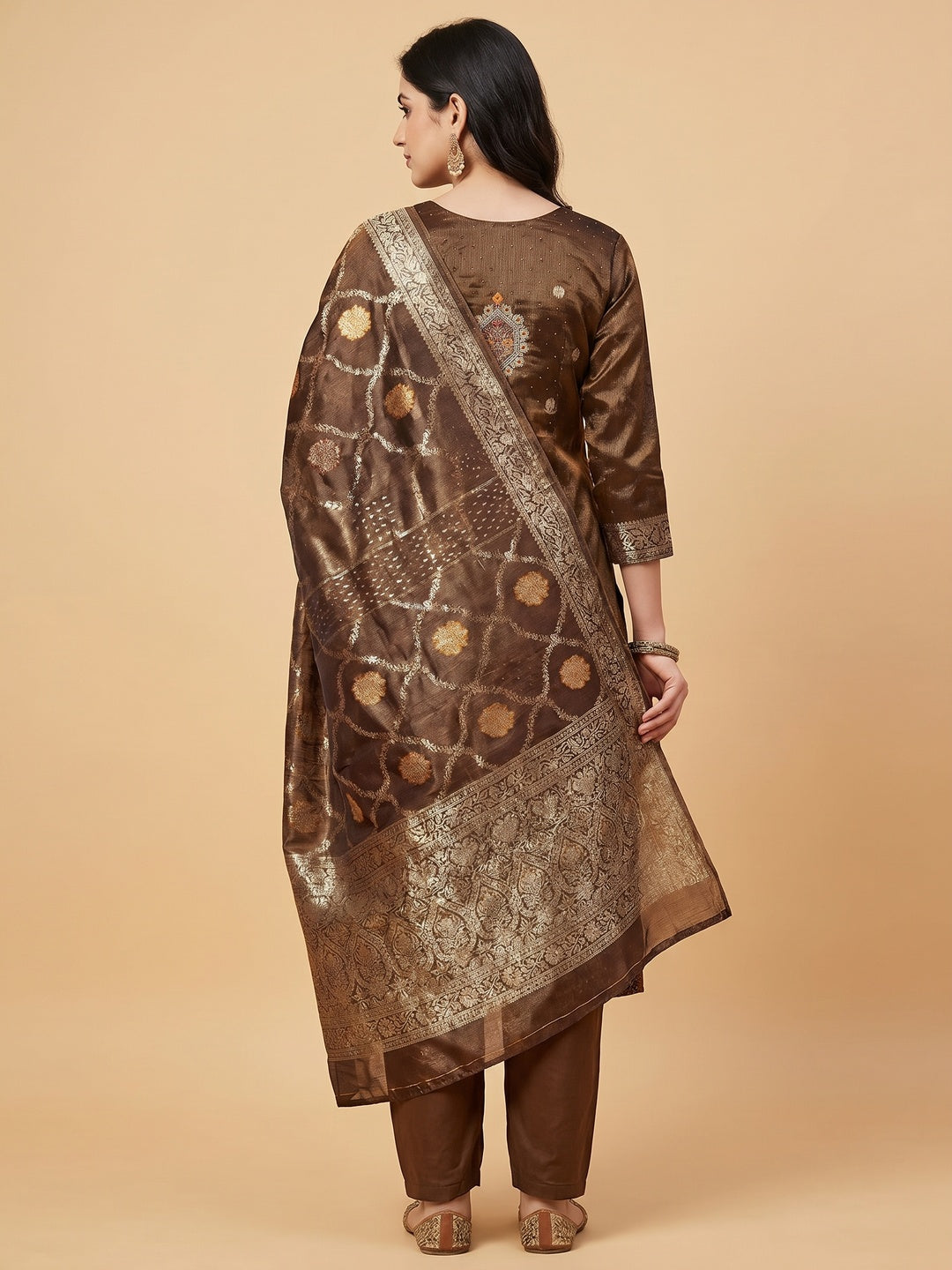 Brown Woven With Stonework Shimmer Jacquard Dress Material - Image 2