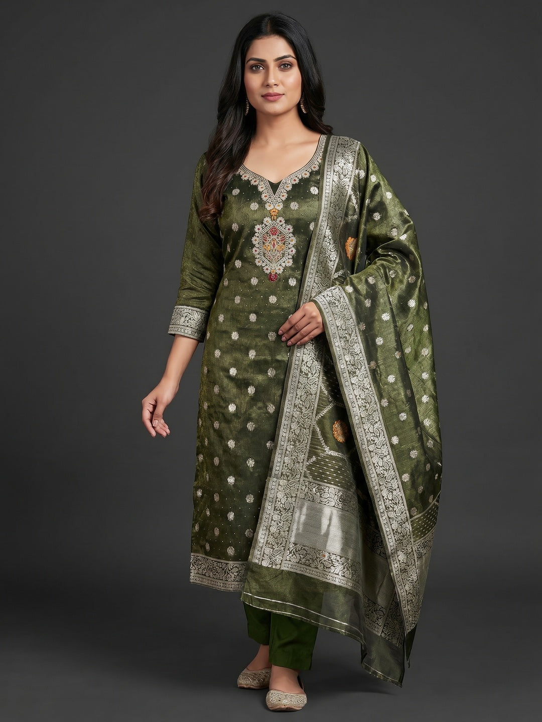Green Woven With Stonework Shimmer Jacquard Dress Material - Image 1