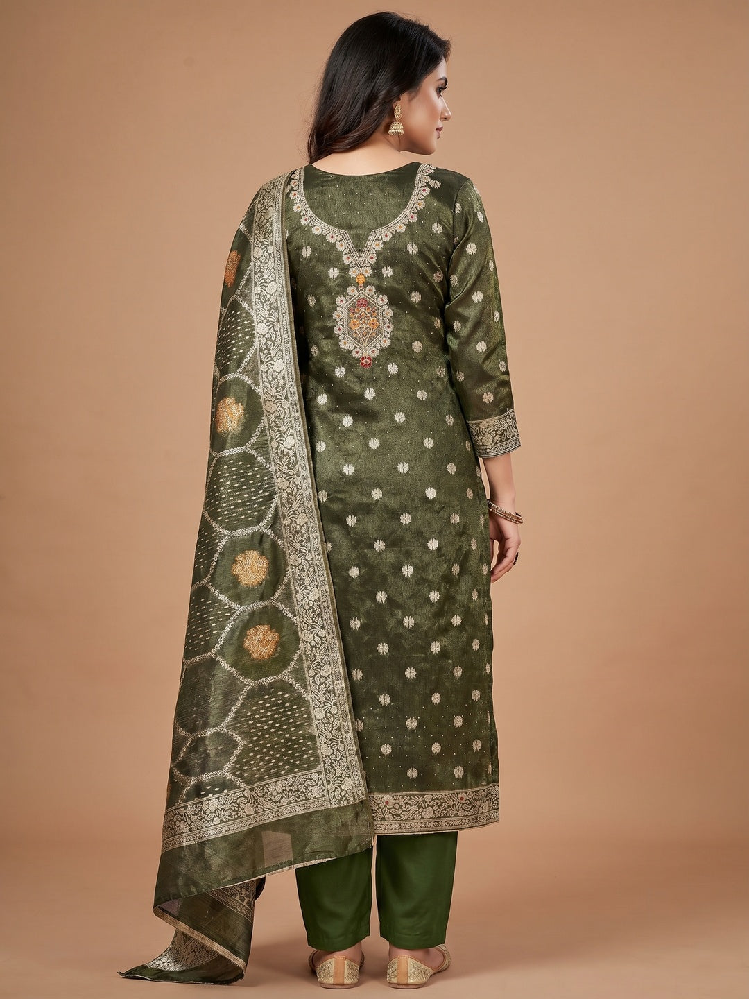 Green Woven With Stonework Shimmer Jacquard Dress Material - Image 3