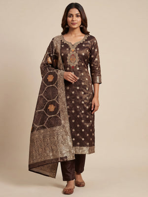 Dark Brown Woven With Stonework Shimmer Jacquard Dress Material - Image 1