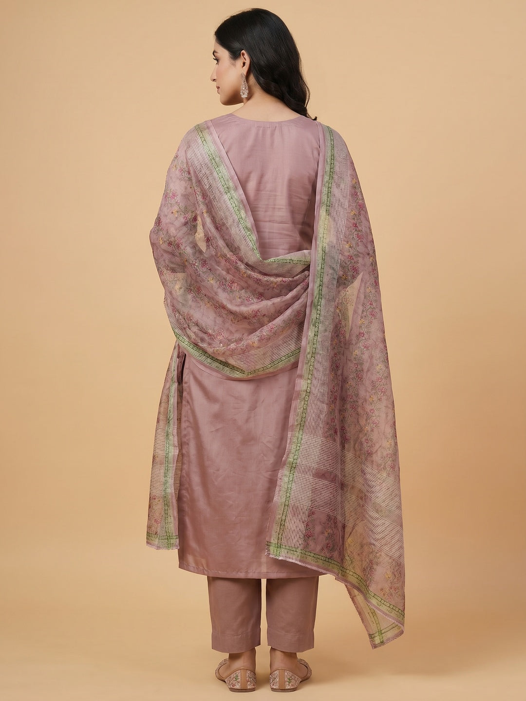 Mauve Floral Sequins Embroidered Roman Cotton Silk Dress Material - Image 2