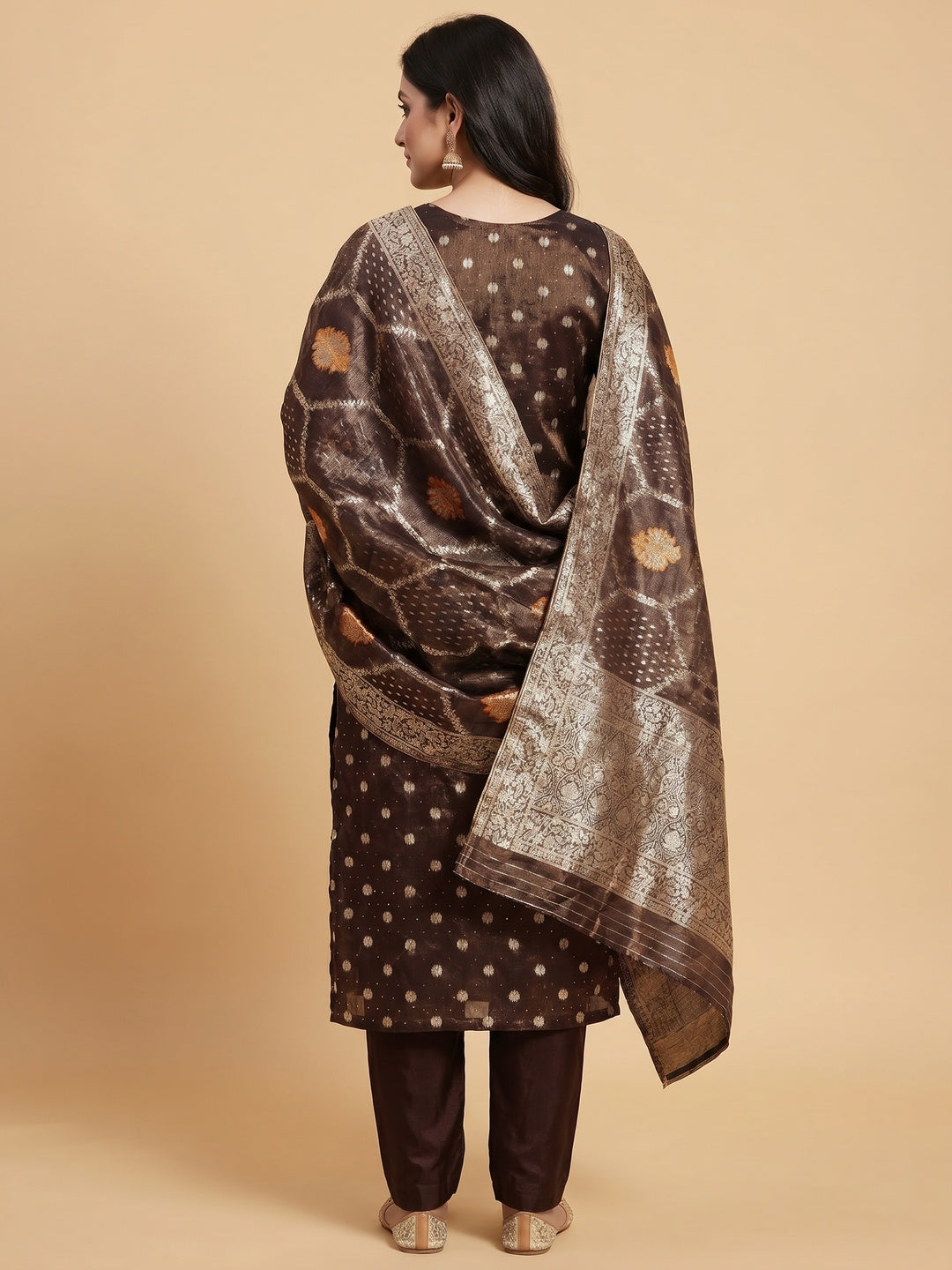 Dark Brown Woven With Stonework Shimmer Jacquard Dress Material - Image 2