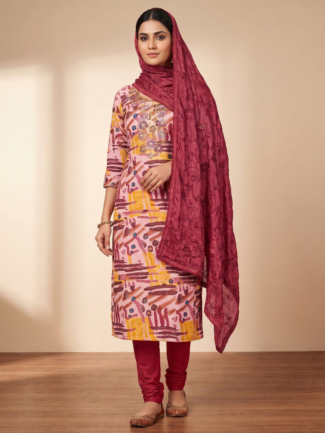 Red Foil Printed Pure Cotton Dress Material - Image 1