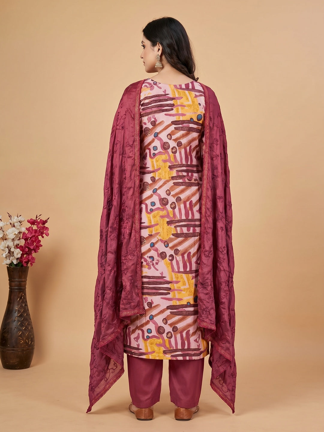 Red Foil Printed Pure Cotton Dress Material - Image 2