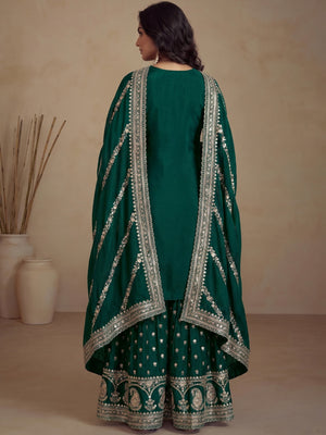 Green Floral Sequins Embroidered Satin Silk Semi Stitched Suit - Image 1
