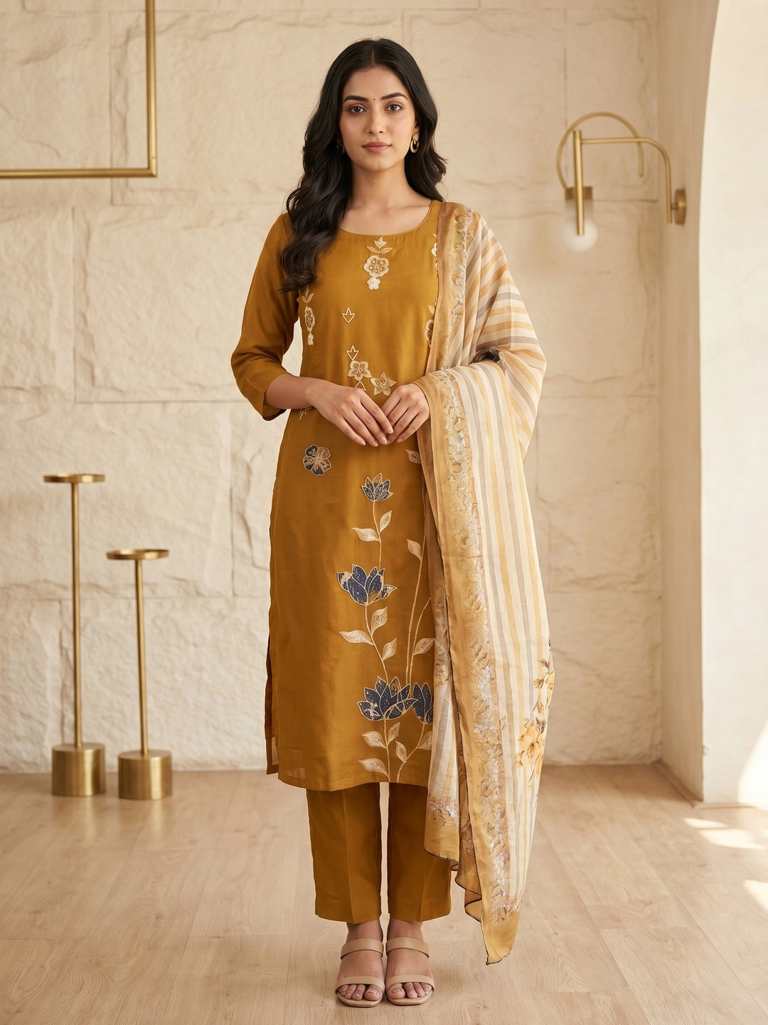 Mustard Mul Chanderi Embroidered Salwar Suit Set - Image 1