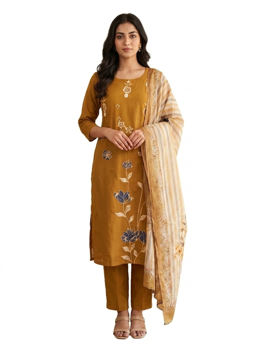 Mustard Mul Chanderi Embroidered Salwar Suit Set - Image 3