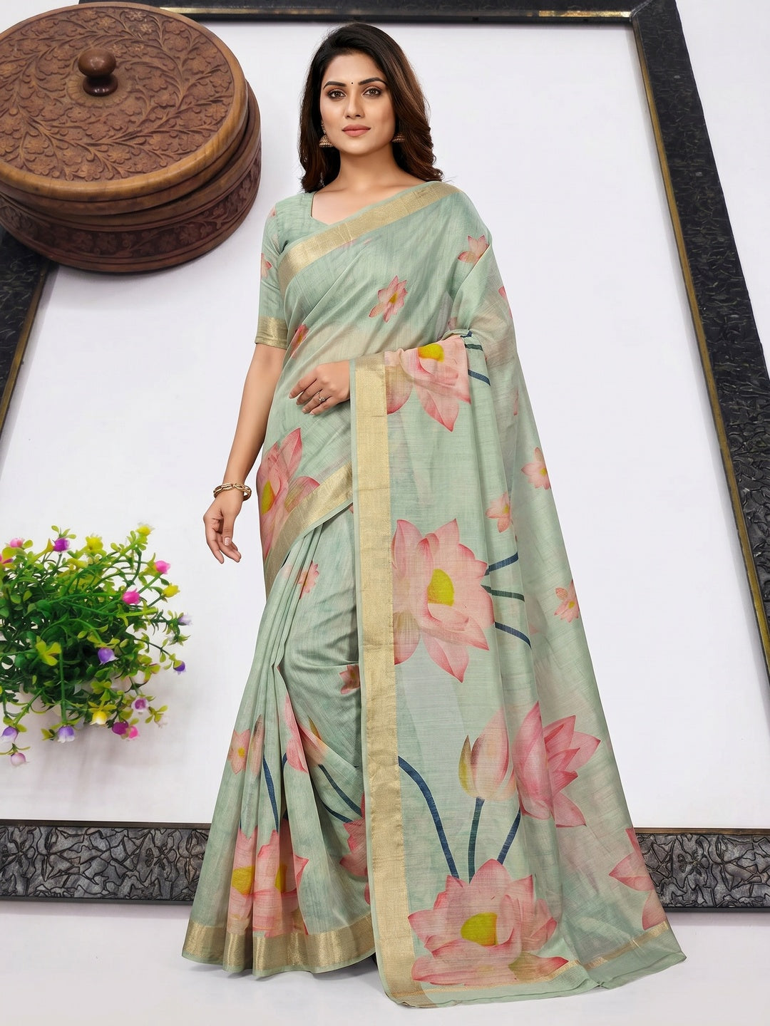 Pastel Green Floral Printed Art Silk Saree With Tassels - Image 1
