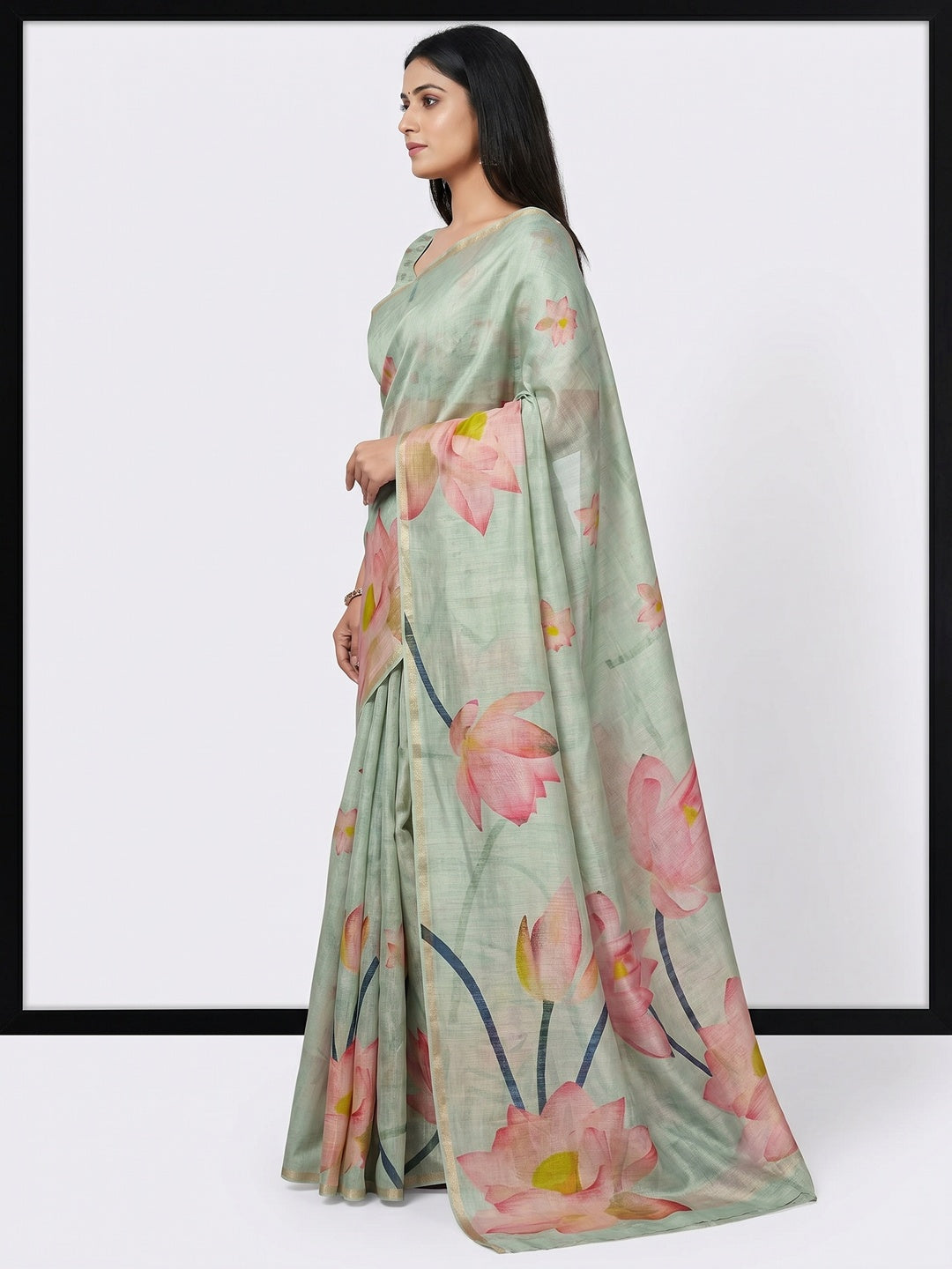 Pastel Green Floral Printed Art Silk Saree With Tassels - Image 3