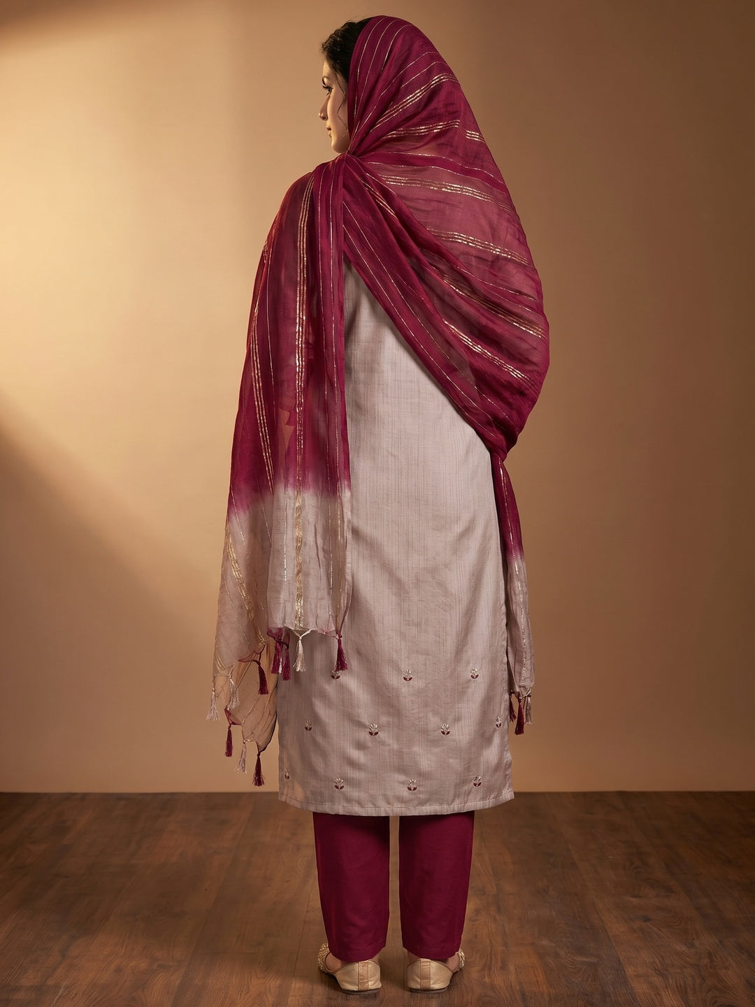 Chikoo Floral Embroidered Art Silk Dress Material - Image 3