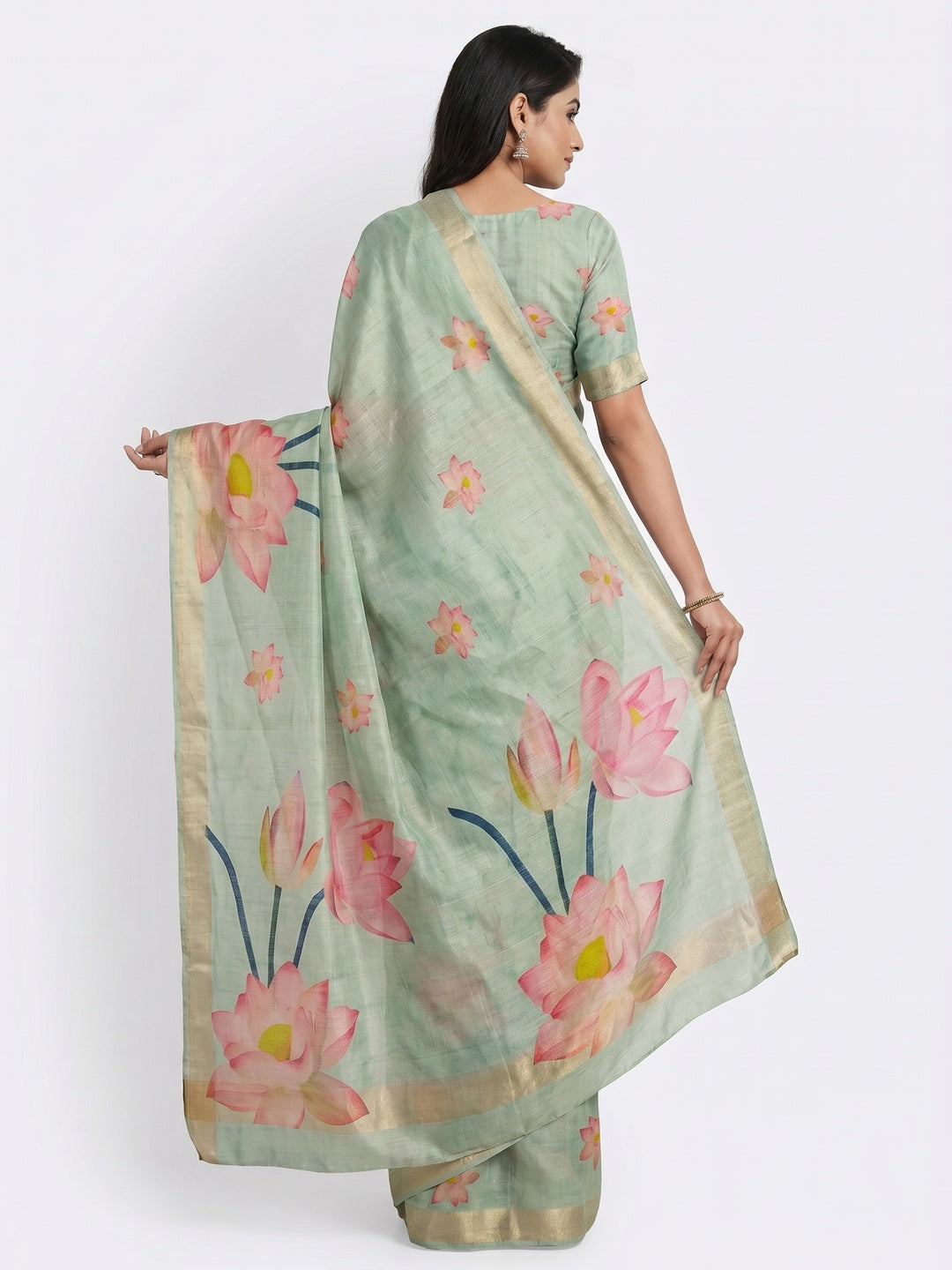 Pastel Green Floral Printed Art Silk Saree With Tassels - Image 4