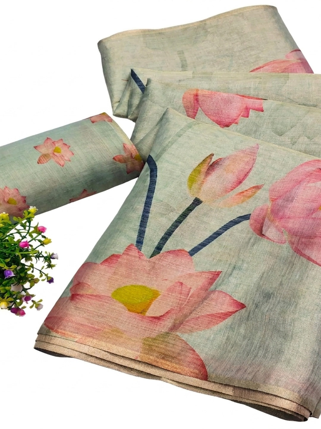 Pastel Green Floral Printed Art Silk Saree With Tassels - Image 2