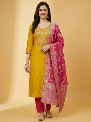 Mustard Floral Sequins Embroidered Cotton Roman Silk Dress Material - Image 1