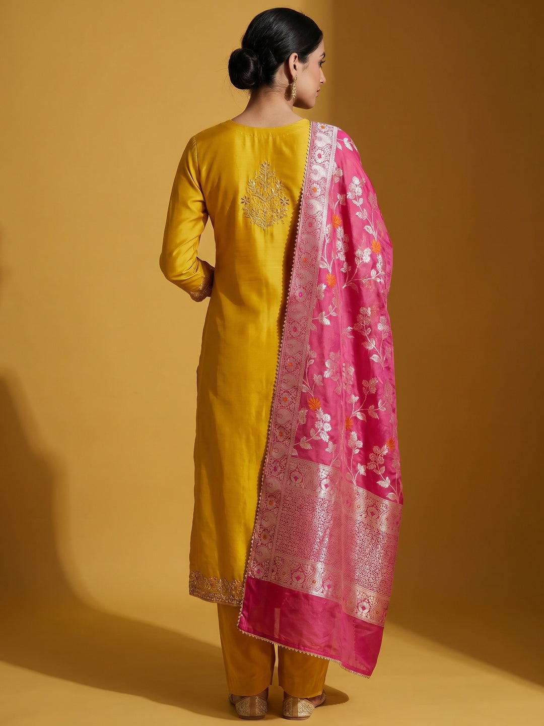 Mustard Floral Sequins Embroidered Cotton Roman Silk Dress Material - Image 3
