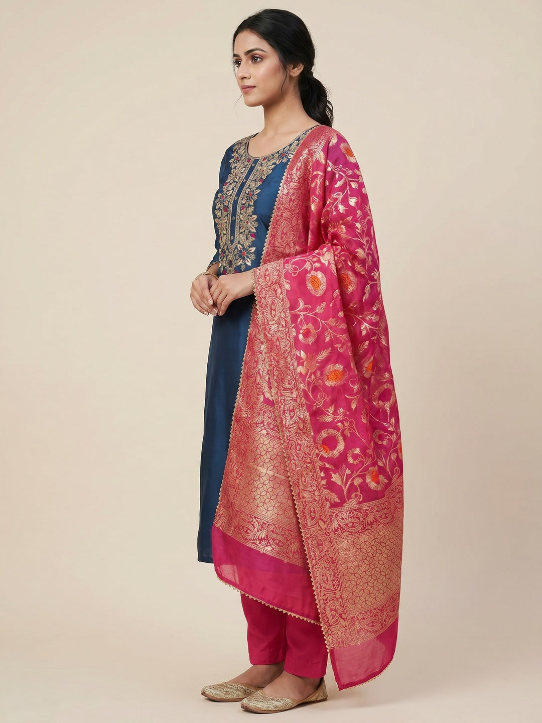 Blue Floral Sequins Embroidered Cotton Roman Silk Dress Material - Image 2