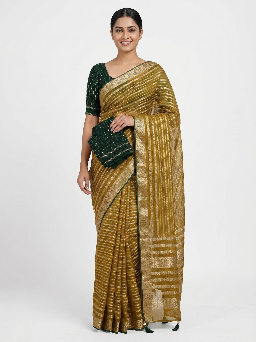 Olive Zari Work Woven Organza Saree - Image 1