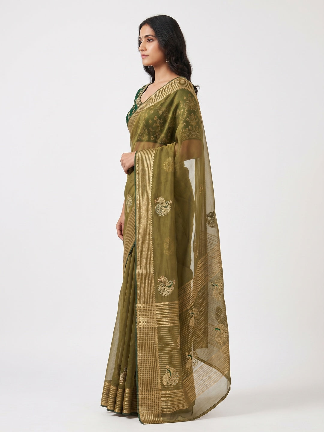 Olive Zari Work Woven Organza Saree - Image 3